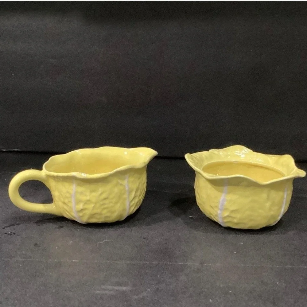 Secla Yellow Cabbage Sugar Bowl & Creamer, Vintage Portugal Majolica Tableware